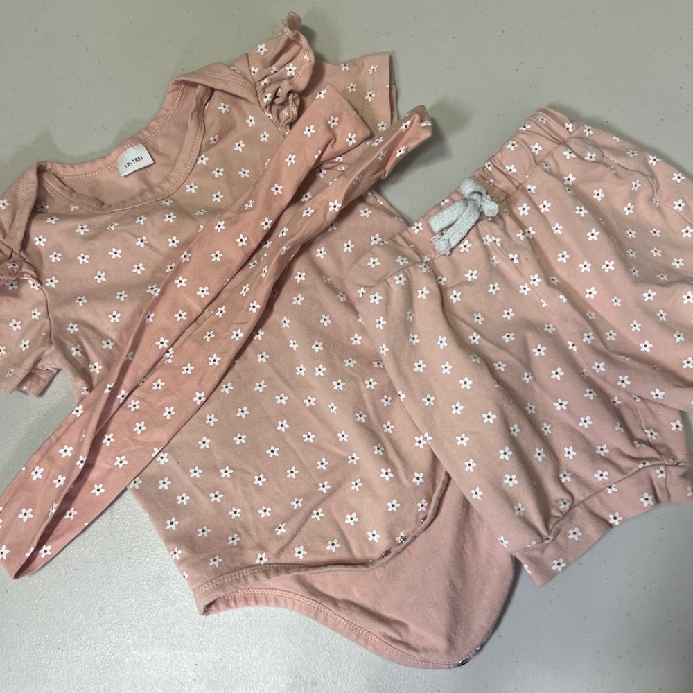 Baby Girl 3pc Floral Bodysuit Shorts Headband Set Pink Daisy 12-18M
